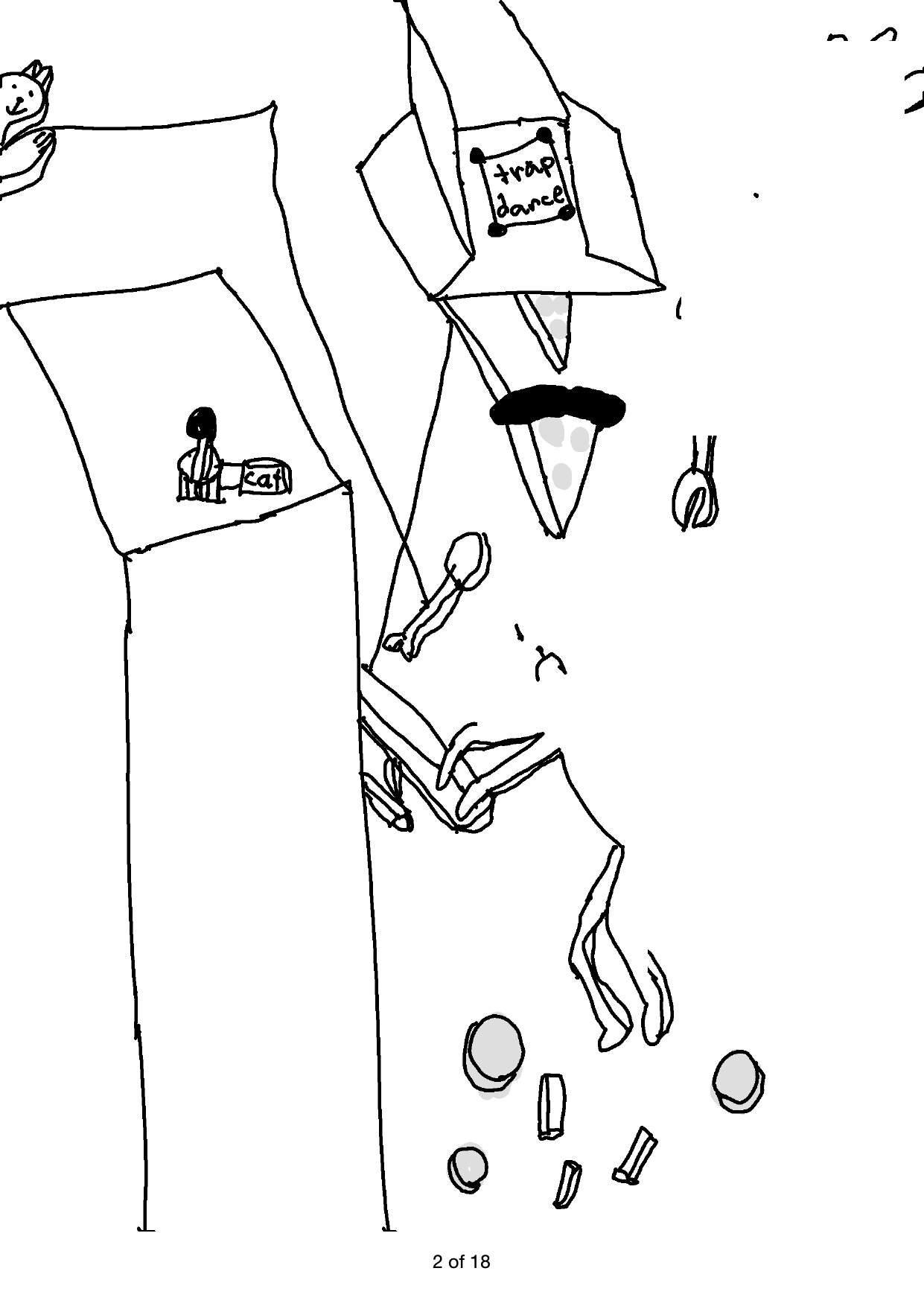 The trap machine drops pizza and pieces as Hermione escapes.