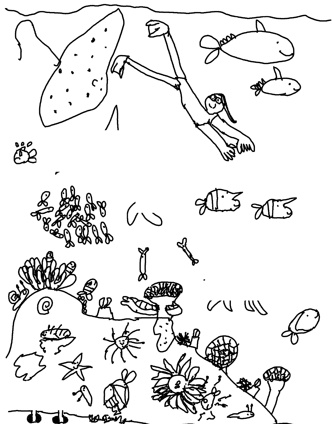 Hand-drawn underwater world with sharks, fish, coral, turtle, jellyfish, and a swimming girl.